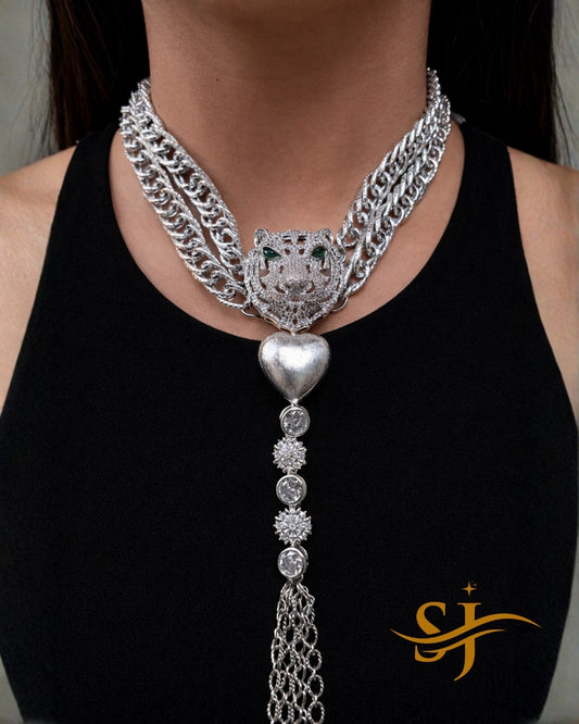 Royal Silver Tiger Heart Drop Choker – Sabyasachi-Inspired Premium Jewellery