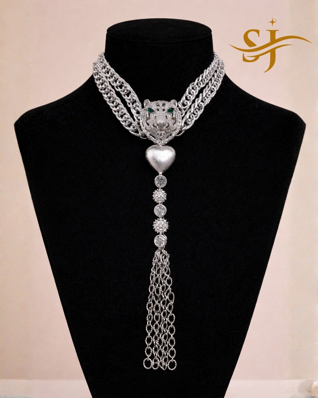 Royal Silver Tiger Heart Drop Choker – Sabyasachi-Inspired Premium Jewellery