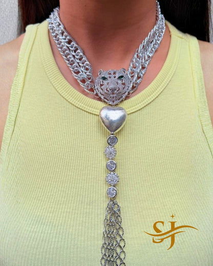 Royal Silver Tiger Heart Drop Choker – Sabyasachi-Inspired Premium Jewellery