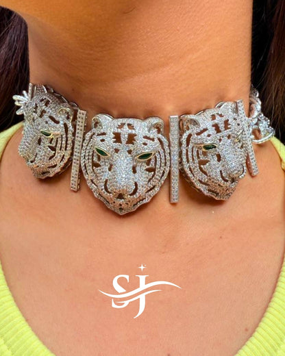 Royal Triple Tiger Silver Choker – Sabyasachi-Inspired Premium Jewellery