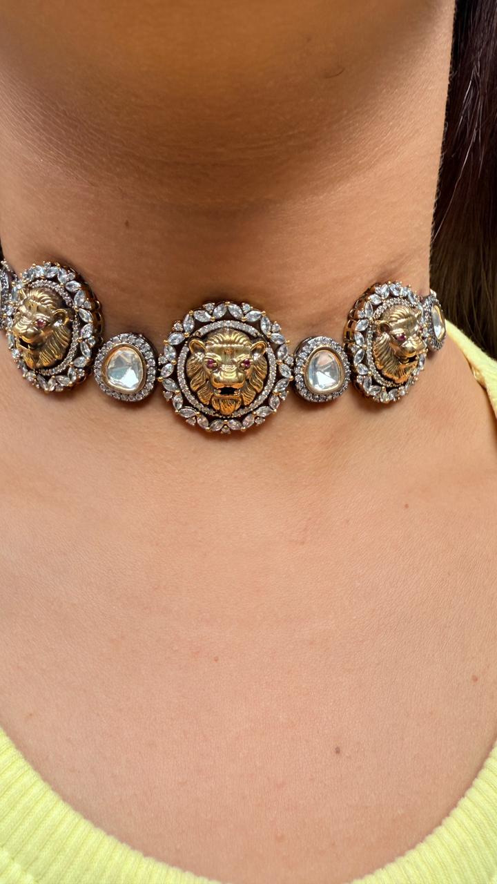 Triple Lion Choker Set with Earrings – Sabyasachi-Inspired Premium Jewellery