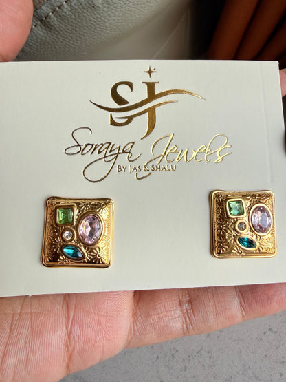 Floral Mosaic Gold-Plated Gemstone Stud Earrings for Women | Statement Square Earrings