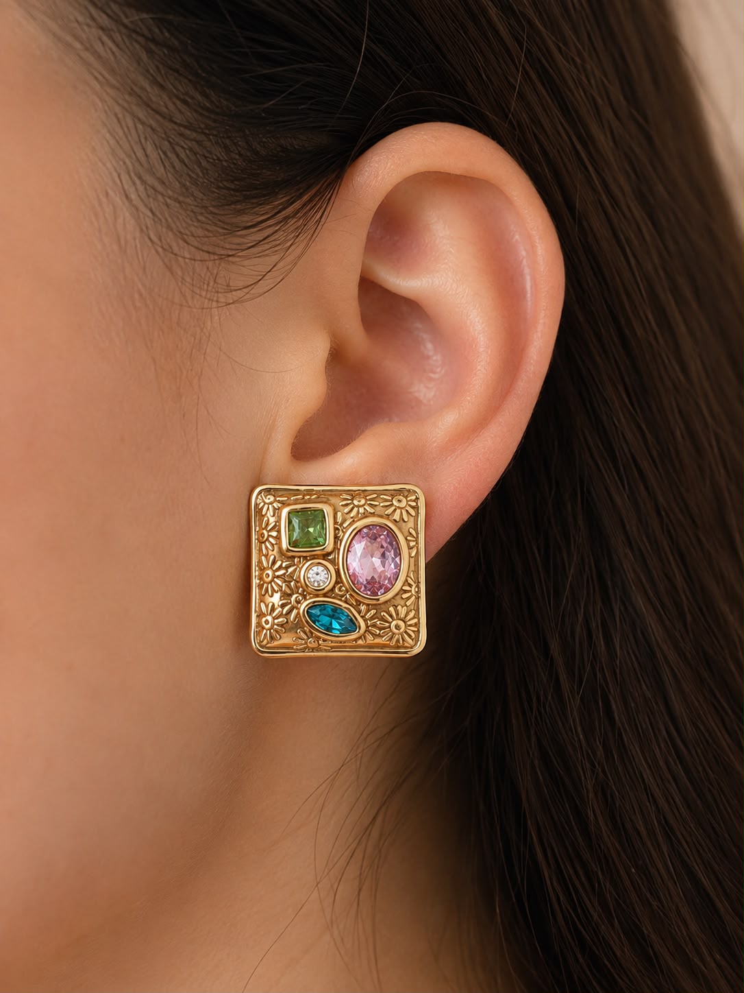 Floral Mosaic Gold-Plated Gemstone Stud Earrings for Women | Statement Square Earrings