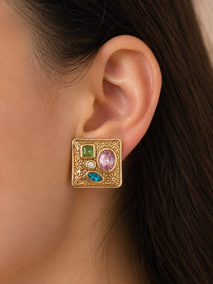 Floral Mosaic Gold-Plated Gemstone Stud Earrings for Women | Statement Square Earrings